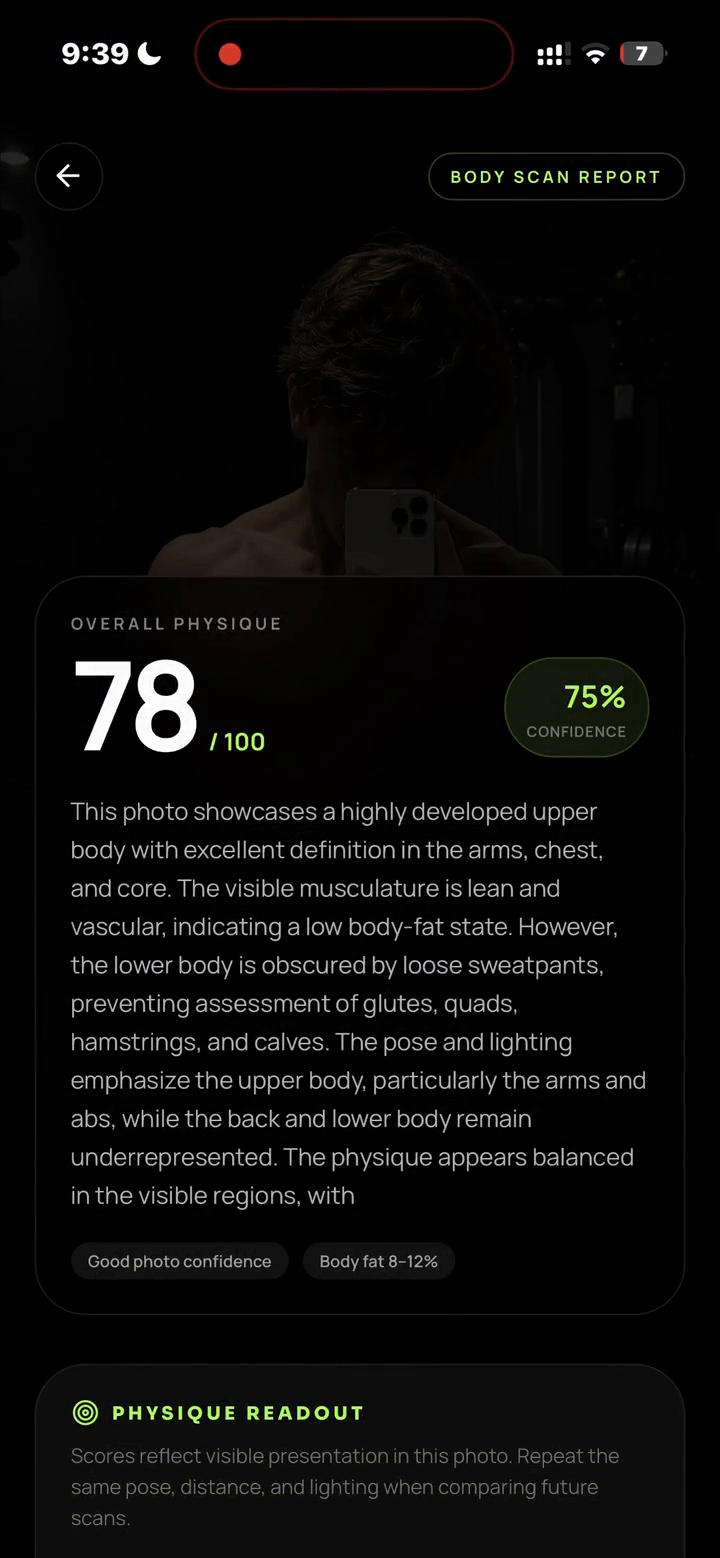 Ascendr AI body scan results with physique score