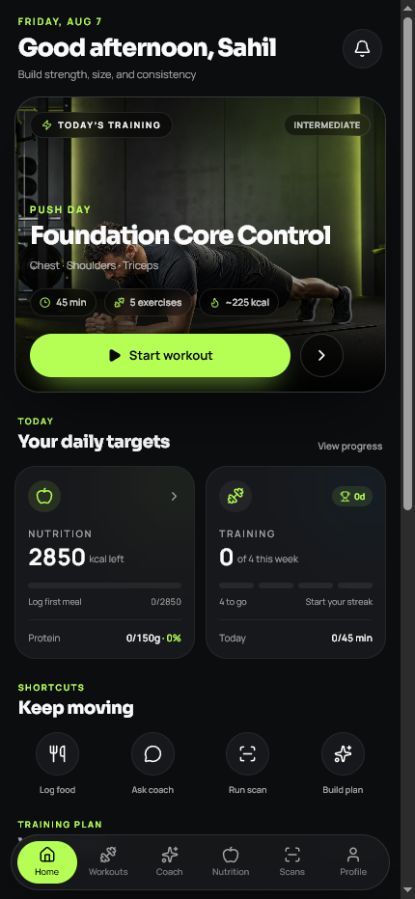 Ascendr home screen with today's workout